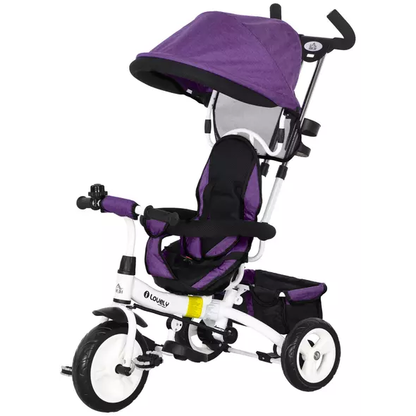 HOMCOM 6 in 1 Kids Trike Push Bike w/ Push Handle, Canopy, 5-point Safety Belt, Storage, Footrest, Brake, for 1-5 Years, Purple - 1