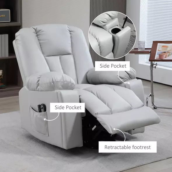 HOMCOM Leathaire Eight Massage Point Armchair, with Reclining Back - Light Grey - 10