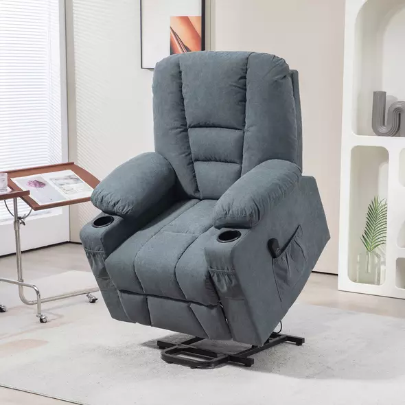 HOMCOM Oversized Riser and Recliner Chairs for the Elderly, Fabric Upholstered Lift Chair for Living Room with Remote Control, Side Pockets, Cup Holder, Grey - 2