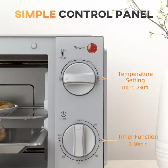 HOMCOM Mini Oven, 9L Countertop Electric Grill, Toaster Oven with Adjustable Temperature, Timer, Dishwasher Safe Baking Tray and Wire Rack, 750W, Silver - 7