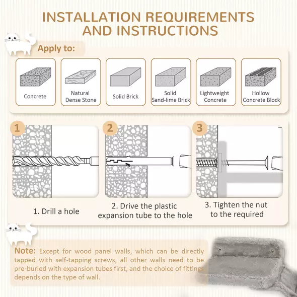 PawHut Four-Piece Cat Wall Furniture, with Hammock, Ladder, Platforms, Steps, for Indoor Use - Grey - 7