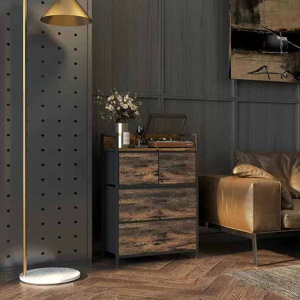 HOMCOM Rustic Chest of Four Fabric Drawers - Rustic Brown - 2