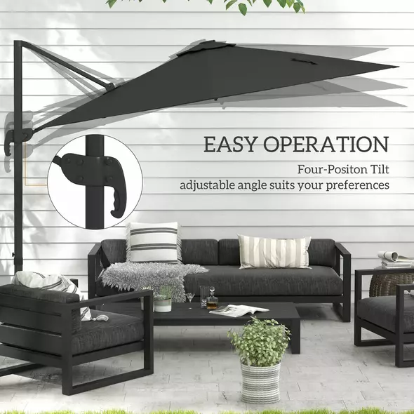 Outsunny 3(m) Adjustable Cantilever Parasol with Base, Solar LED Lights, Dark Grey - 5