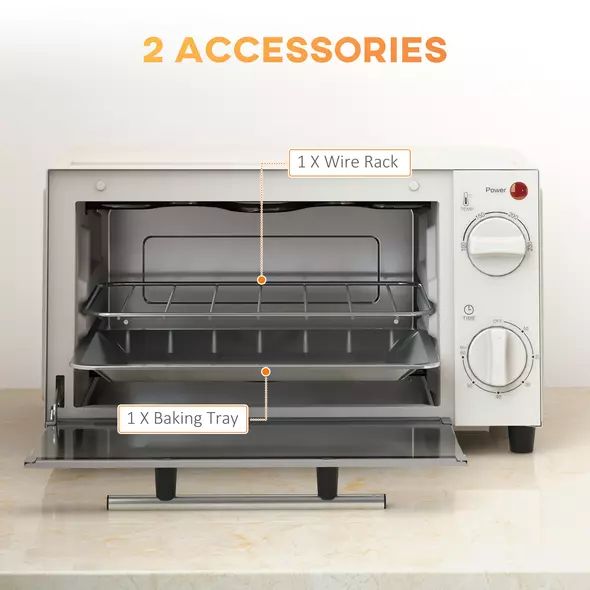 HOMCOM Mini Oven, 9L Countertop Electric Grill, Toaster Oven with Adjustable Temperature, Timer, Dishwasher Safe Baking Tray and Wire Rack, 750W, Cream - 6