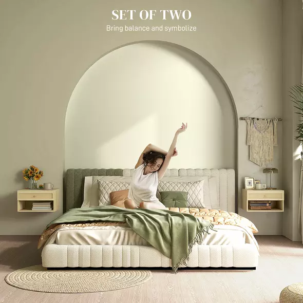 HOMCOM Set of Two Rattan Panel Floating Bedside Tables - Wood-Effect - 4