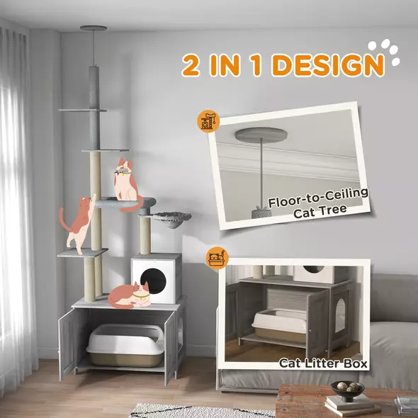 PawHut 2-in-1 Floor-To-Ceiling Cat Tree with Hidden Litter Box, for Indoor Use - Grey - 4