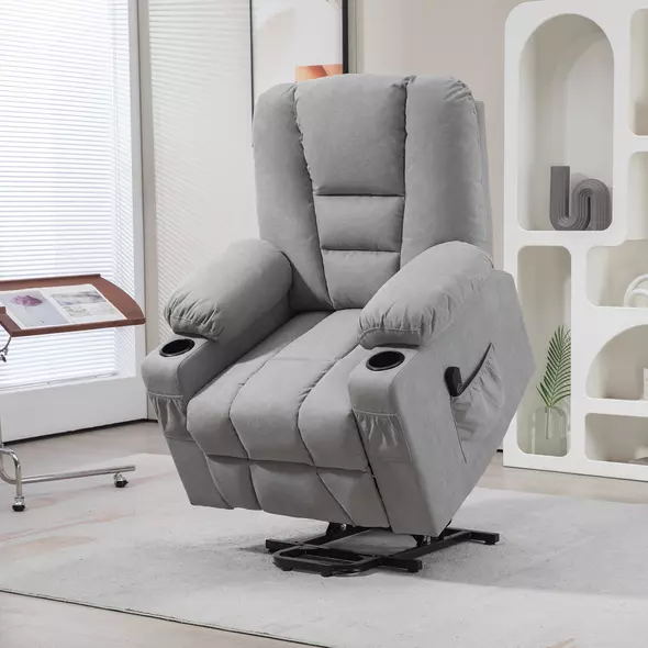 HOMCOM Oversized Riser and Recliner Chairs for the Elderly, Fabric Upholstered Lift Chair for Living Room with Remote Control, Side Pockets, Cup Holder, Light Grey - 2