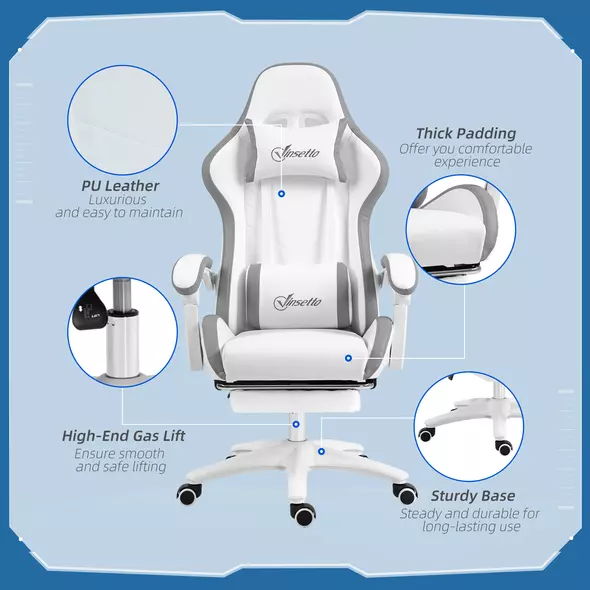 Vinsetto Computer Gaming Chair, PU Leather Desk Chair with Footrest, Swivel Task Chair with 135° Reclining Back and Lumbar Support, PC Chair for Adults, White and Grey - 7