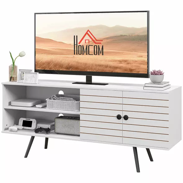 HOMCOM TV Stand with Cupboard, Open Shelves, Striped Doors, Wooden legs, White - 1