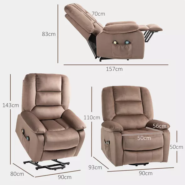 HOMCOM Velvet-Feel Electric Lift-and-Recline Massage Armchair, with Remote - Brown - 3