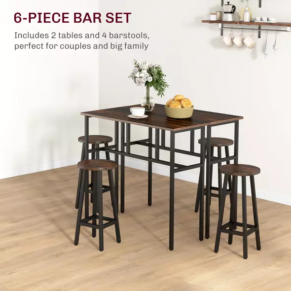 HOMCOM 6-Piece Bar Table Set, Counter Height Kitchen Dining Set with 2 High Tables & 4 Stools, Space Saving Compact Bar Furniture for Small Kitchens and Flats, Multiple Arrangements, Rustic Brown - 4