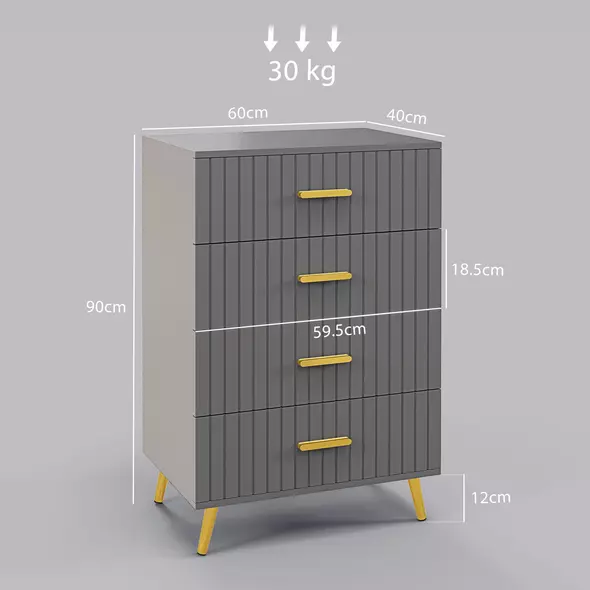 HOMCOM Four Drawer Embossed Line Dresser - Grey/Gold Tone - 3