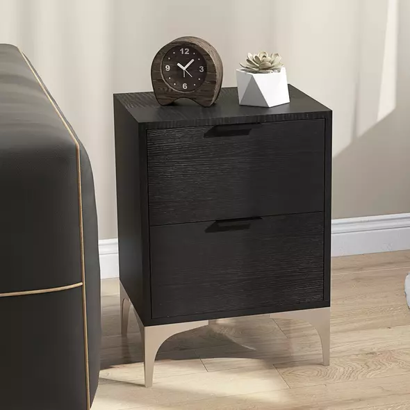 HOMCOM Set of Two Wood Effect Bedside Tables with Silver Tone Steel Base, Black - 8
