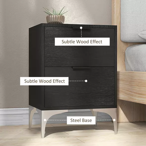 HOMCOM Set of Two Wood Effect Bedside Tables with Silver Tone Steel Base, Black - 6