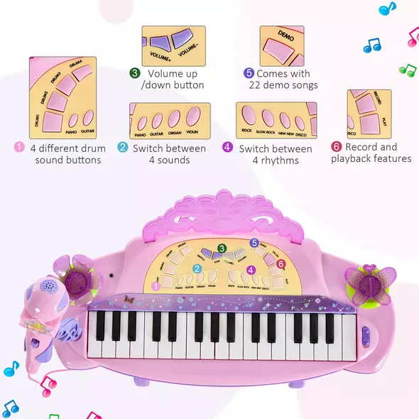 HOMCOM 32 Keys Kids Mini Electronic Keyboard Musical Instrument Educational Game Toy Children Grand Piano Stool Micropho - 4