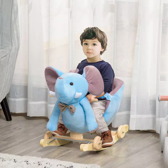 HOMCOM 2 In 1 Plush Baby Ride on Rocking Horse Elephant Rocker with Wheels Wooden Toy for Kids 32 Songs for 18+ Months (Blue) - 2