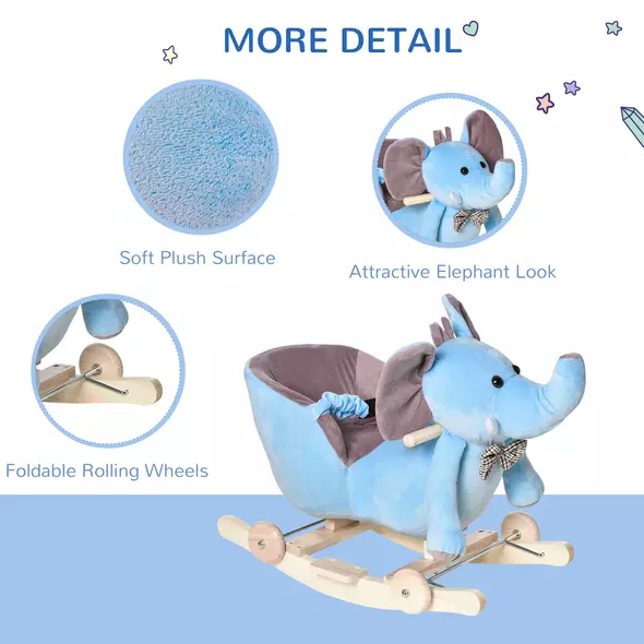 HOMCOM 2 In 1 Plush Baby Ride on Rocking Horse Elephant Rocker with Wheels Wooden Toy for Kids 32 Songs for 18+ Months (Blue) - 7