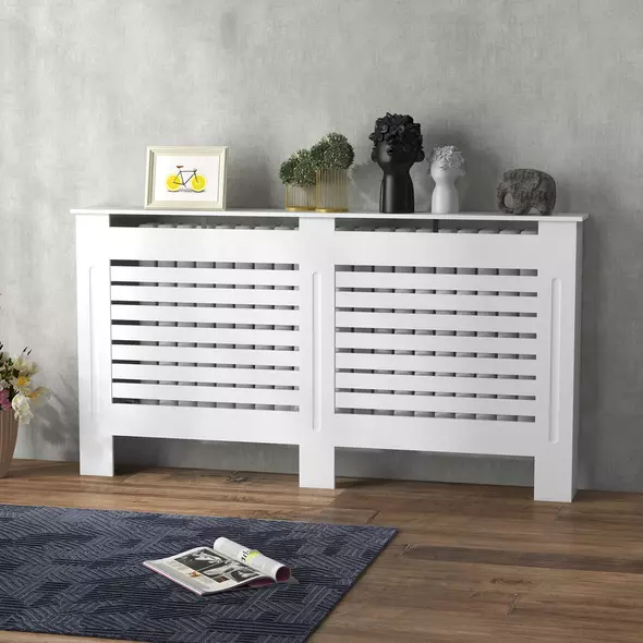 HOMCOM Radiator Cover, Modern MDF White Painted Cabinet with Horizontal Slats for Living Room, Bedroom, 152L x 19W x 81H cm - 7