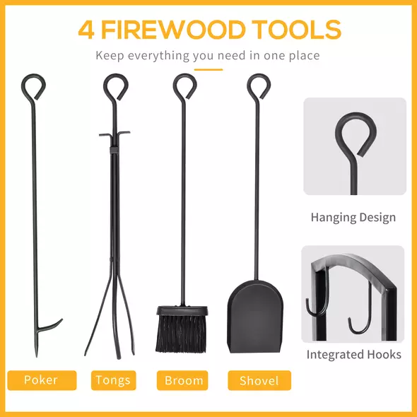 Outsunny Metal Firewood Log Holder 2 Layer Firewood Rack Indoor Outdoor Fireplace Wood Storage Shelf with 4 Tools and Hooks, Black, 40L x 30W x 74.5H cm - 5