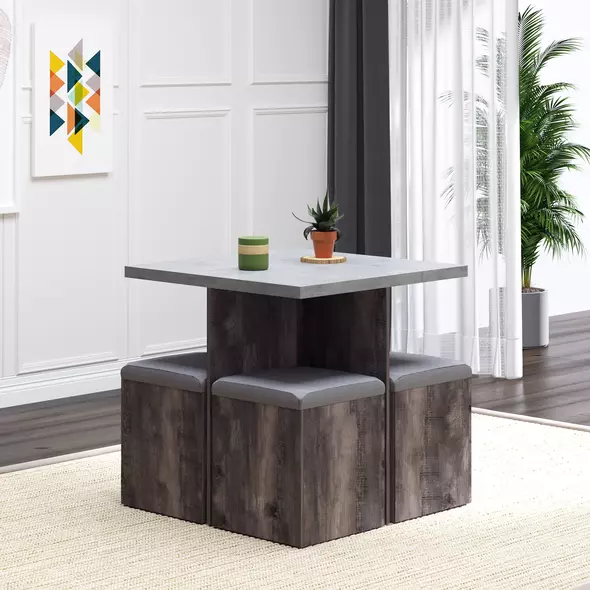 HOMCOM 5PC Dining Set Garden Patio Wooden Set 4 Storage Stools Footrest Ottoman with Cushions + 1 Table Space Saving Design Indoor Outdoor - 2