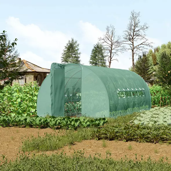 Outsunny Large Polytunnel Walk In Greenhouse, Plant Gardening Tunnel Green House with Metal Hinged Door, Galvanised Steel Frame & Mesh Windows, Green (3 x 6 m) - 2