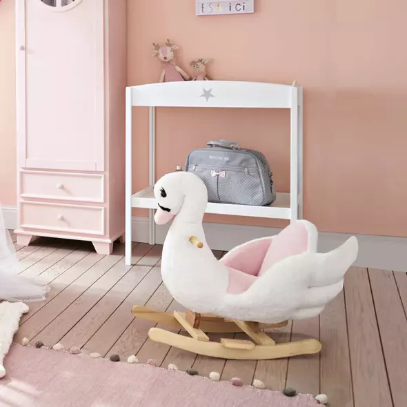 HOMCOM Kids Rocking Horse Plush Ride On Swan Toy w/ Safety Seat for Toddler 18 Months +, White and Pink - 2