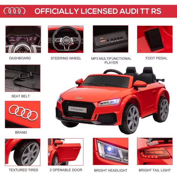 HOMCOM Kids Licensed Audi TT Ride-On Car 12V Battery w/ Remote Suspension Headlights and MP3 Player 3km/h Red - 4