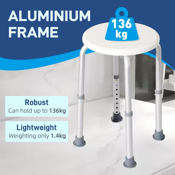 HOMCOM Shower Chair, Height Adjustable Aluminium Shower Stool with Non-Slip Feet for Disabled, Elderly, White - 4