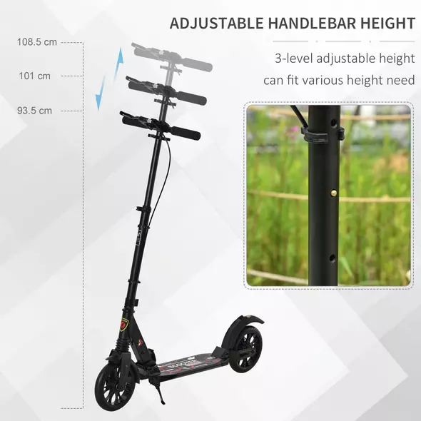 HOMCOM Adult Teens Kick Scooter Foldable Height Adjustable Aluminium Ride On Toy for 14+ w/ Rear Wheel & Hand Brake, 200mm Big Wheels, Shock Mitigation System - Black - 5