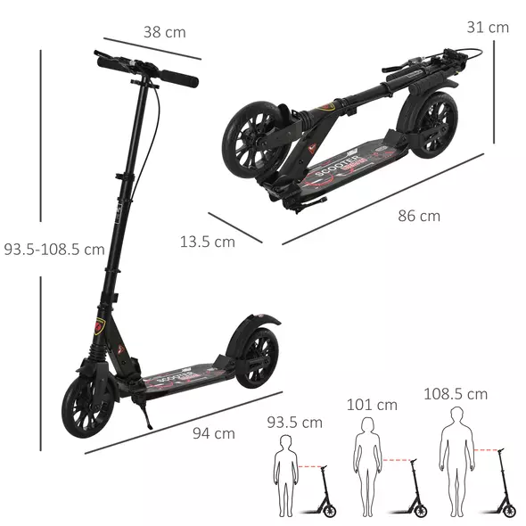 HOMCOM Adult Teens Kick Scooter Foldable Height Adjustable Aluminium Ride On Toy for 14+ w/ Rear Wheel & Hand Brake, 200mm Big Wheels, Shock Mitigation System - Black - 3