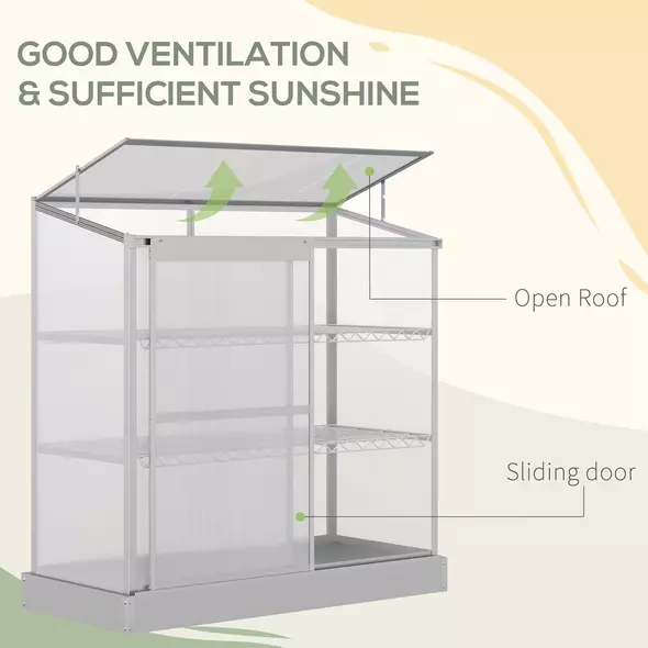 Outsunny 3 Tier Greenhouse Garden Outdoor Cold Frame Plant Flower Growth Transparent Polycarbonate Board Openable Roof Sliding Door w/ Foundation 131L x 58W x 140H cm - 5
