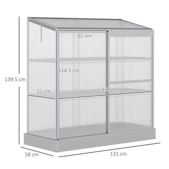 Outsunny 3 Tier Greenhouse Garden Outdoor Cold Frame Plant Flower Growth Transparent Polycarbonate Board Openable Roof Sliding Door w/ Foundation 131L x 58W x 140H cm - 3