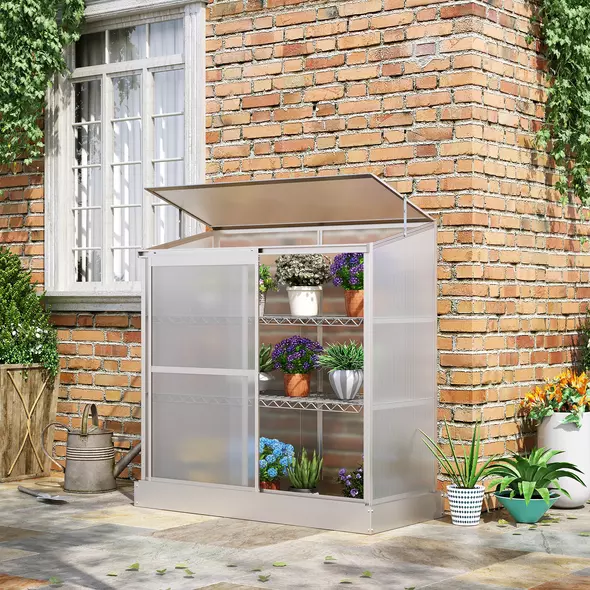 Outsunny 3 Tier Greenhouse Garden Outdoor Cold Frame Plant Flower Growth Transparent Polycarbonate Board Openable Roof Sliding Door w/ Foundation 131L x 58W x 140H cm - 2