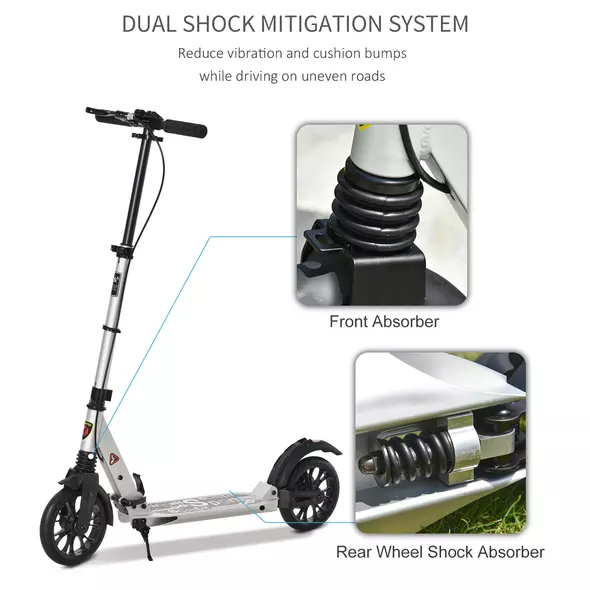 HOMCOM Teen/Adults Aluminium Folding Kick Scooter w/ Shock Mitigation System Silver - 4