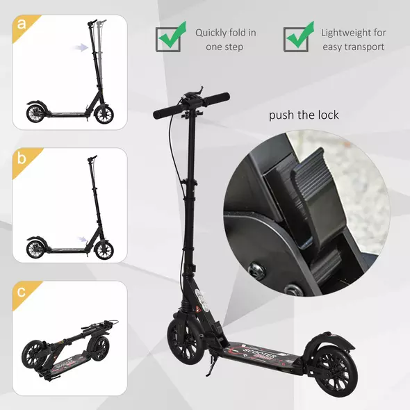 HOMCOM Adult Teens Kick Scooter Foldable Height Adjustable Aluminium Ride On Toy for 14+ w/ Rear Wheel & Hand Brake, 200mm Big Wheels, Shock Mitigation System - Black - 6