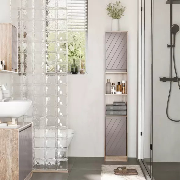 HOMCOM Narrow Bathroom Cabinet, Slim Bathroom Storage Unit with Open Compartment, Freestanding Storage Cupboard with Adjustable Shelves for Small Spaces, 30 x 24 x 170 cm, Grey and Oak - 2