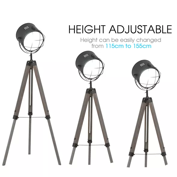 HOMCOM Floor Lamp with Adjustable Tripod for Living Room Bedroom, Vintage Spotlight Reading Lamp with Wood Legs, 115-155cm, Grey - 5