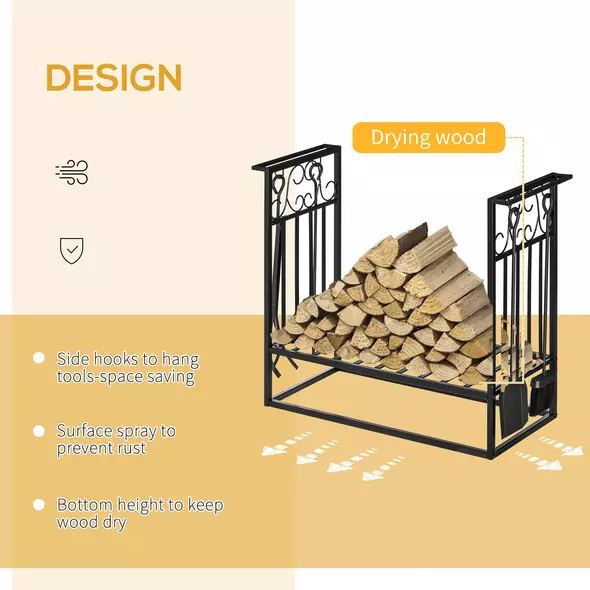 HOMCOM Steel Firewood Log Holder Indoor Outdoor Firewood Rack Fireplace Wood Storage Shelf with 4 Tools, Hooks, Scrolls, Rust-Resistant, Black, 75L x 30W x 60H cm - 5