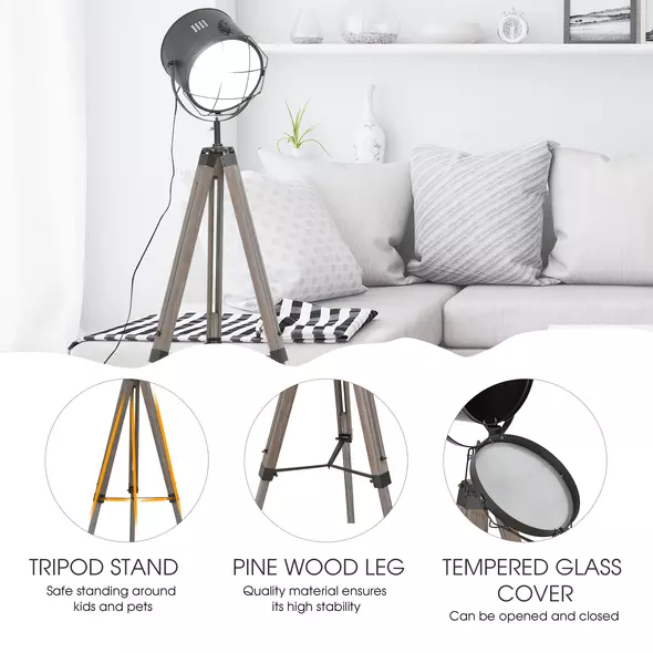HOMCOM Floor Lamp with Adjustable Tripod for Living Room Bedroom, Vintage Spotlight Reading Lamp with Wood Legs, 115-155cm, Grey - 6