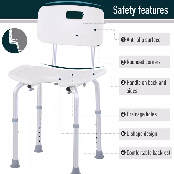 HOMCOM 8-Level Height Adjustable Bath Stool Spa Shower Chair Aluminum w/ Non-Slip Feet, Handle for the Pregnant, Old, Injured - 5