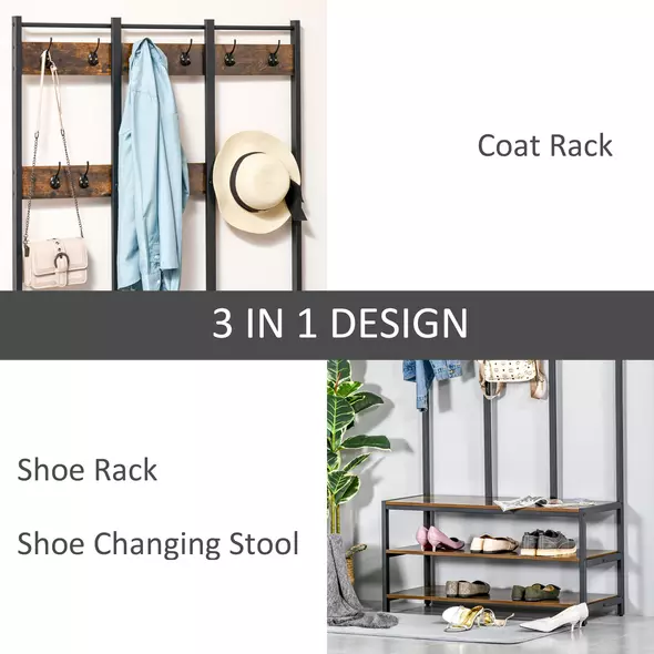 HOMCOM Coat Rack Stand, Free Standing Hall Tree, Coat Stand with Hooks, Bench and Shoe Rack, 100cm x 38.5cm x 185.5cm, Industrial Style, Rustic Brown and Black - 5
