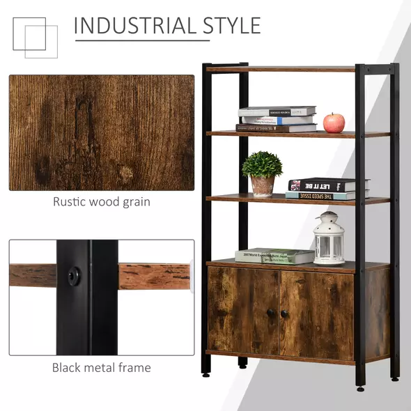 HOMCOM Industrial Bookshelf, Storage Cabinet with 3-Tier with Doors, for Home Office, Living Room Rustic Brown - 6