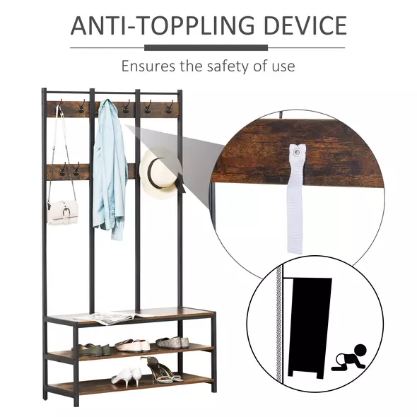 HOMCOM Coat Rack Stand, Free Standing Hall Tree, Coat Stand with Hooks, Bench and Shoe Rack, 100cm x 38.5cm x 185.5cm, Industrial Style, Rustic Brown and Black - 4