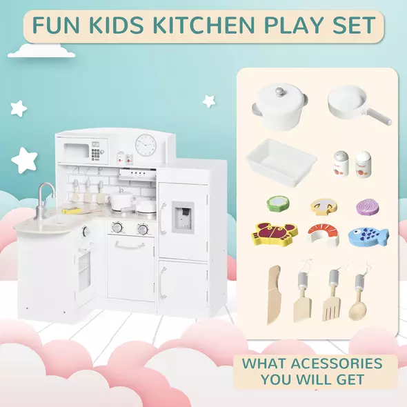 HOMCOM Kids Play Kitchen Wooden Toy Kitchen Cooking Set for Children with Drinking Fountain, Microwave, and Fridge White - 5