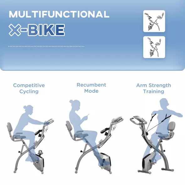 HOMCOM 2-in-1 Folding Exercise Bike with 8-Level Magnetic Resistance, Arm Resistance Band, Pulse Sensor, Grey - 7