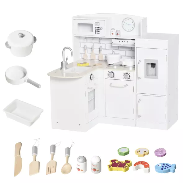 HOMCOM Kids Play Kitchen Wooden Toy Kitchen Cooking Set for Children with Drinking Fountain, Microwave, and Fridge White - 1