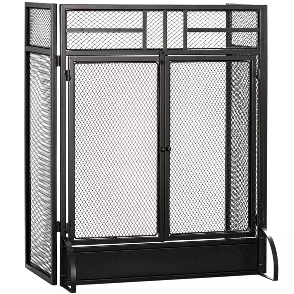 HOMCOM 3-Panel Folding Fireplace Screen with Door, Freestanding Spark Guard, Metal Mesh Fireguard, Black - 1