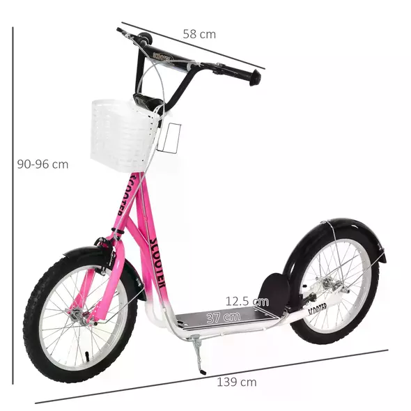 HOMCOM Kids Scooter, Kick Stunt Scooter with Adjustable Handlebar, Dual Brakes, Basket, Cupholder, Mudguard, 16" Inflatable Rubber Wheels, for 5-12 years, Pink - 3