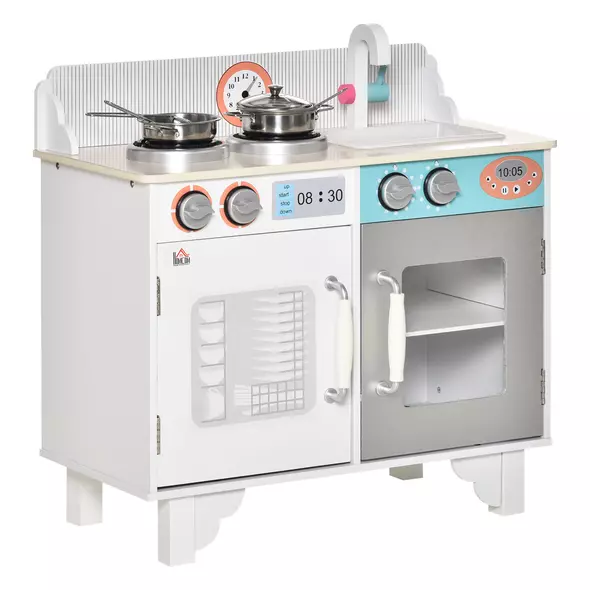 HOMCOM Kids Wooden Play Kitchen Toy Cooking Set Pretend Role Playset, with, Cooking Bench, Stainless Steel Pot for 3-6 Years - 1