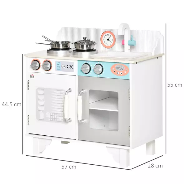 HOMCOM Kids Wooden Play Kitchen Toy Cooking Set Pretend Role Playset, with, Cooking Bench, Stainless Steel Pot for 3-6 Years - 3